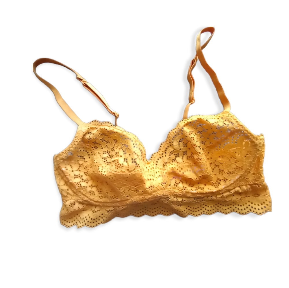 Mustard yellow floral lace bra size 34B sheer lingerie